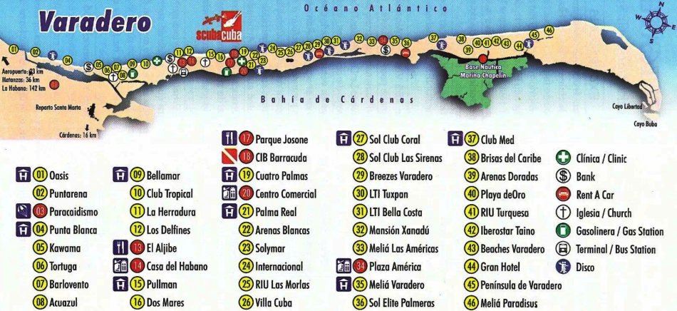Карта отелей Варадеро на Кубе